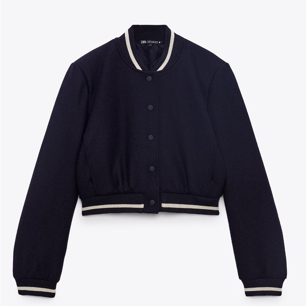 Zara cropped varsity bomber jacket in navy blue.